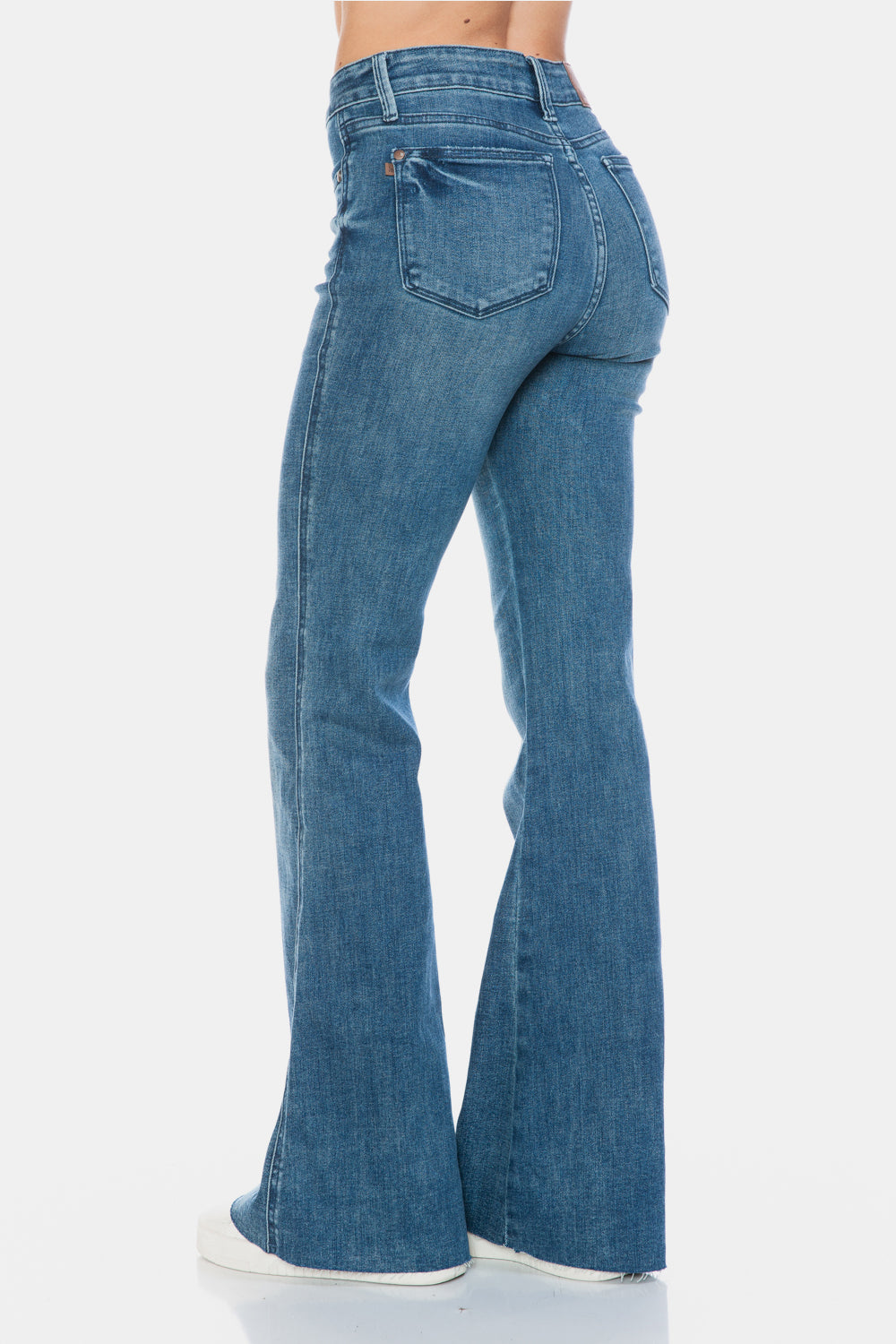 Judy Blue Full Size Tummy Control Raw Hem Flare Leg Jeans in Medium Wash Blue