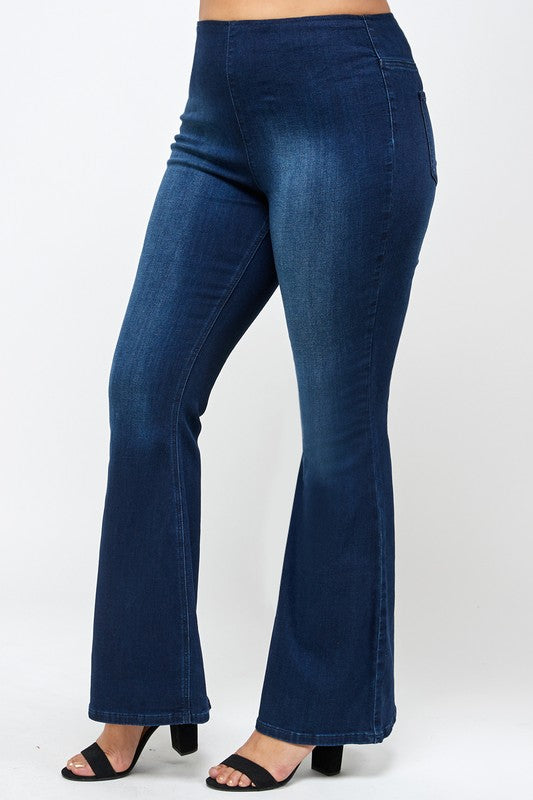 INSANE GENE PLUS SIZE MID-RISE BANDED WIDE FLARE LEG JEANS