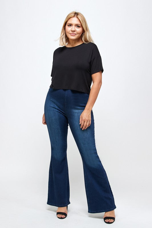 INSANE GENE PLUS SIZE MID-RISE BANDED WIDE FLARE LEG JEANS