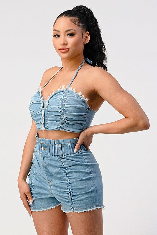 ATHINA DENIM 2PC CROP CAMI AND SHORT SET