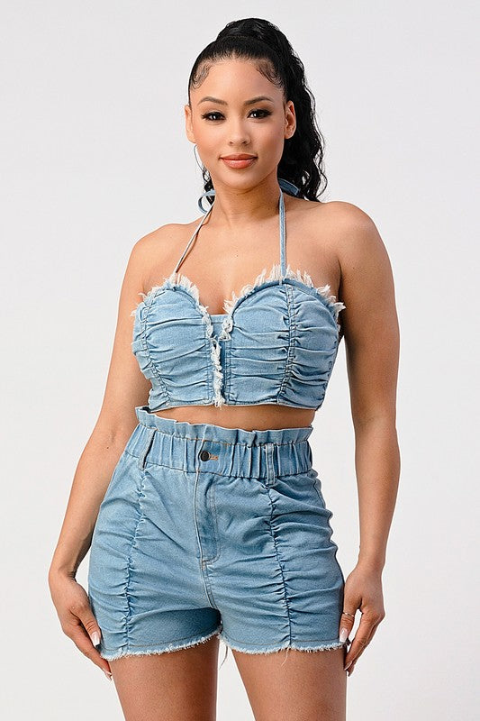 ATHINA DENIM 2PC CROP CAMI AND SHORT SET