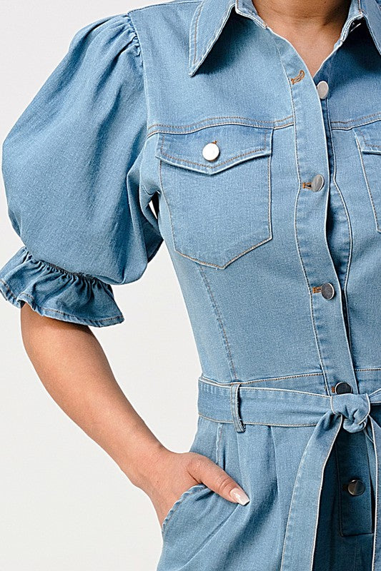 ATHINA PUFF SLEEVE DENIM BUTTON DOWN ROMPER