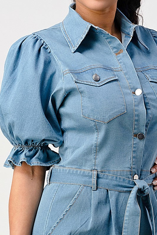 ATHINA PUFF SLEEVE DENIM BUTTON DOWN ROMPER