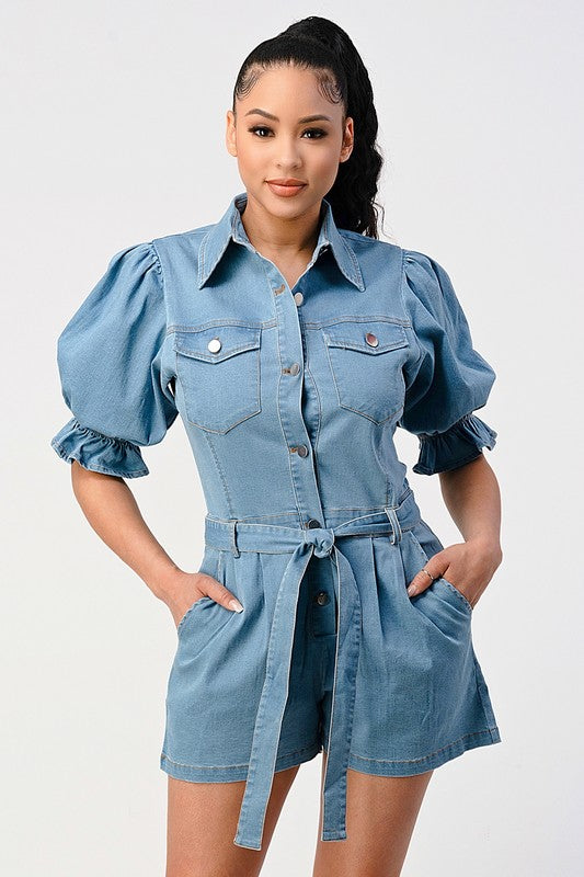 ATHINA PUFF SLEEVE DENIM BUTTON DOWN ROMPER