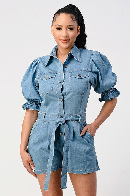 ATHINA PUFF SLEEVE DENIM BUTTON DOWN ROMPER