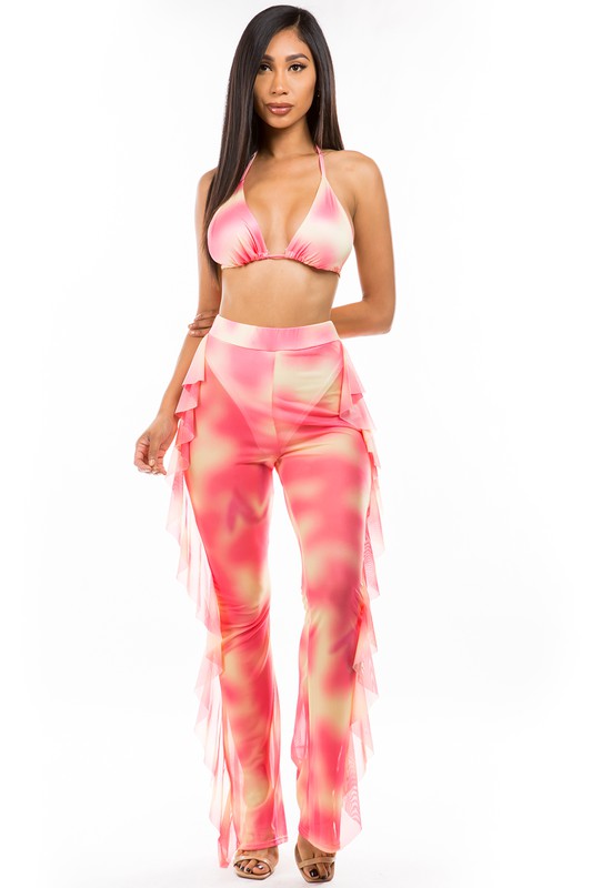 BY CLAUDE TWO PIECE TIE DYE BIKINI TOP AND FRINGED MESH (SEE THROUGH) PANTS SET