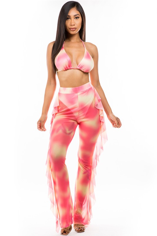 BY CLAUDE TWO PIECE TIE DYE BIKINI TOP AND FRINGED MESH (SEE THROUGH) PANTS SET