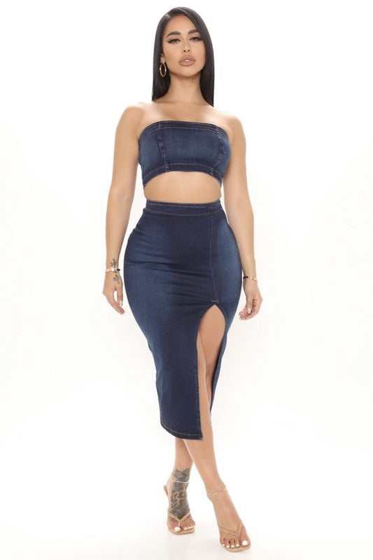 GJG Denim Miami Denim Bandage Top & Skirt Set in Dark Wash