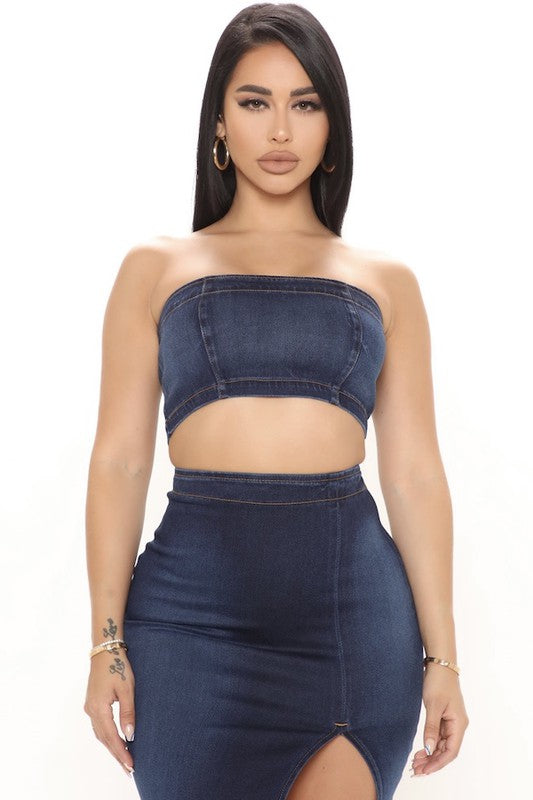 GJG Denim Miami Denim Bandage Top & Skirt Set in Dark Wash