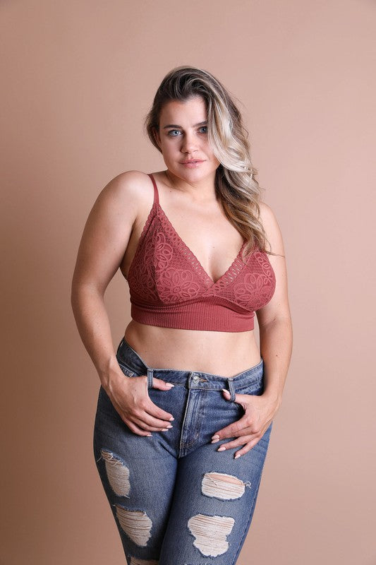 Leto Accessories Plus Size Embroidered Lace V-Neck Brami Bralette in 7 Colors