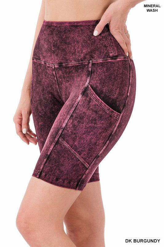 Zenana Mineral Wash Short Leggings with Pockets in 9 Colors