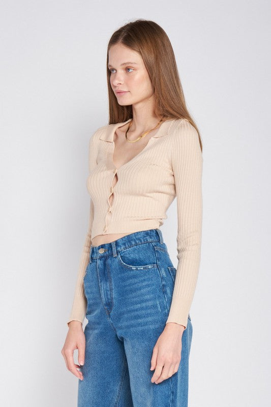 Emory Park Ribbed Knit Collared Button Front Long Sleeve V-Neck Crop Top