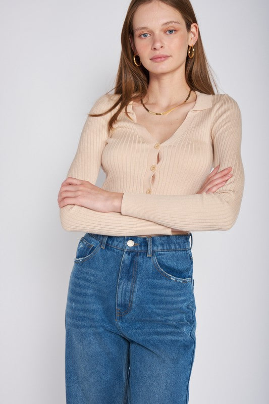 Emory Park Ribbed Knit Collared Button Front Long Sleeve V-Neck Crop Top