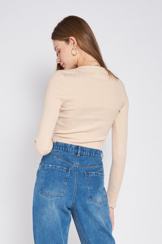 Emory Park Ribbed Knit Collared Button Front Long Sleeve V-Neck Crop Top