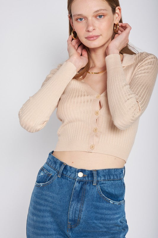 Emory Park Ribbed Knit Collared Button Front Long Sleeve V-Neck Crop Top