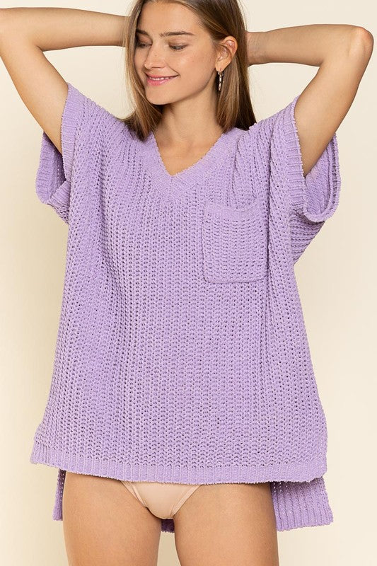 POL Small Chenille Knit High-Low Hem Short Sleeve V-Neck Sweater in Lavender Purple