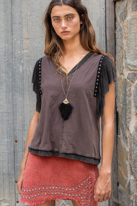 POL Studded Fringe Flutter Sleeve V-Neck T-Shirt in 3 Colors