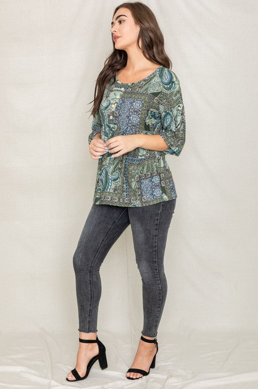 Plus Button Accent Paisley Top