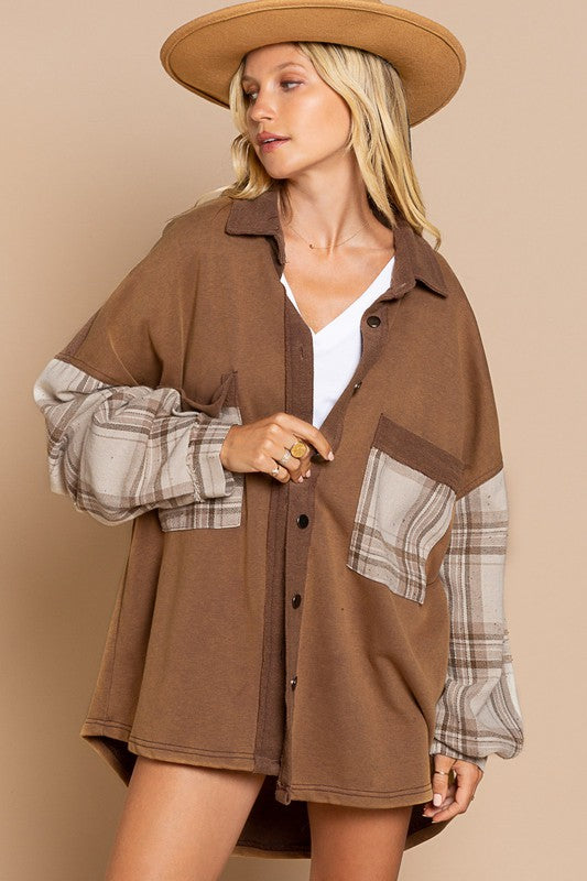 POL Clothing Plaid Patchwork Tunic Shirt Jacket in 2 Colors