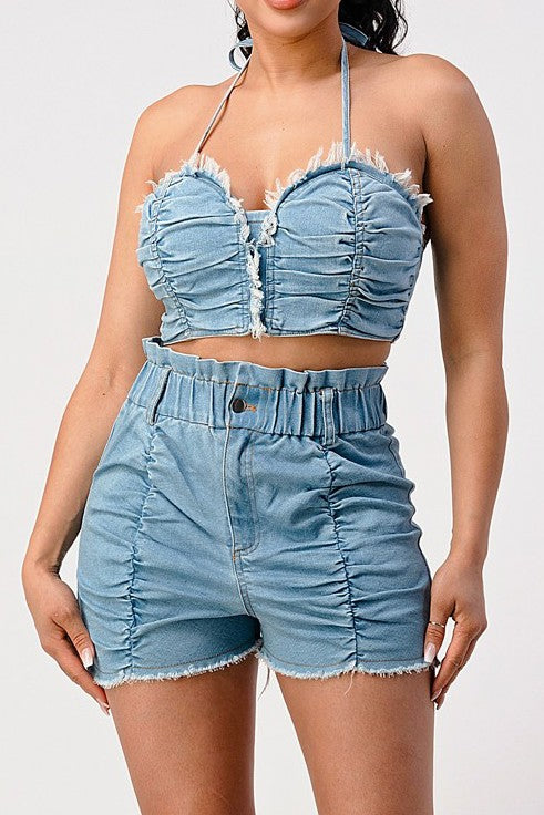 ATHINA DENIM 2PC CROP CAMI AND SHORT SET