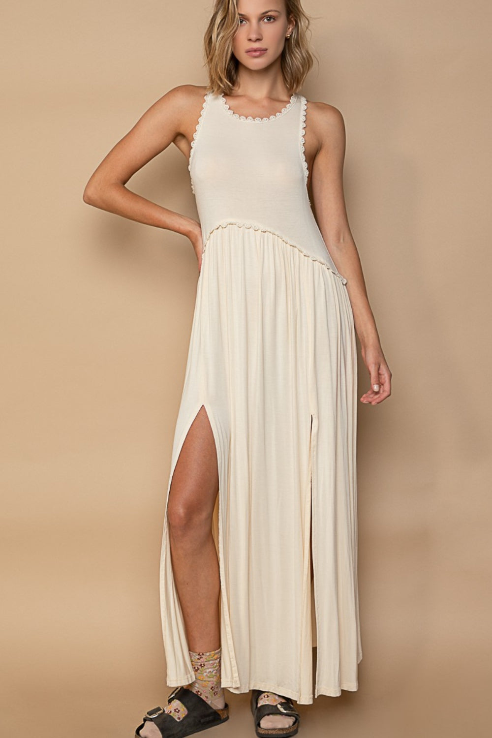 POL Babydoll Stone Washed Crochet Slit Maxi Tank Dress in Cream