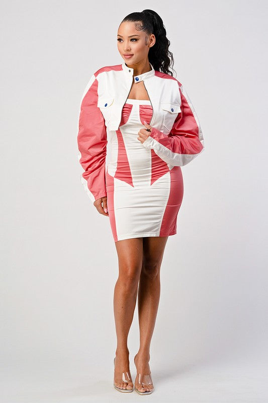 Athina Motor Speedway Race Two Piece Crop Jacket and Mini Skirt Set