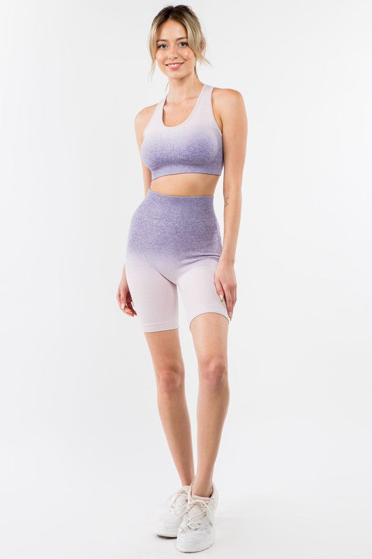 OTOS Active Two Piece Ombre Seamless Tank & Biker Shorts Set in Lavender