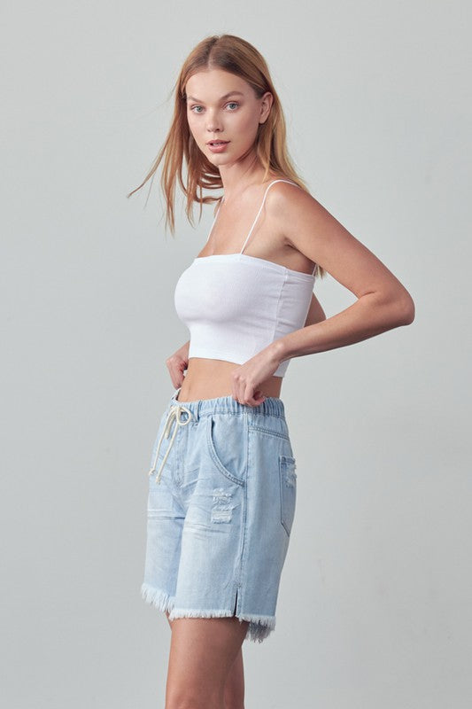 Insane Gene Mid Rise Drawstring Denim Slouch Shorts in Light Wash