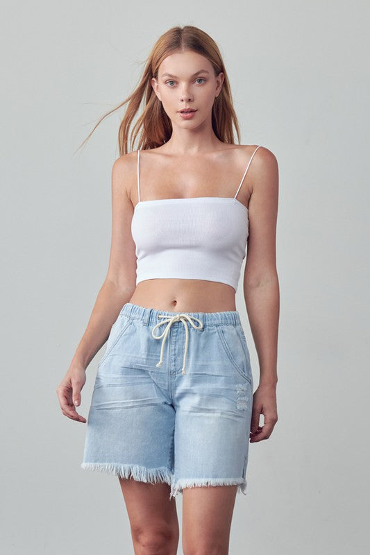 Insane Gene Mid Rise Drawstring Denim Slouch Shorts in Light Wash