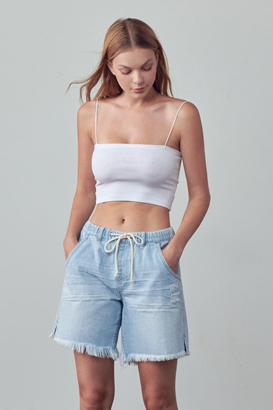 Insane Gene Mid Rise Drawstring Denim Slouch Shorts in Light Wash