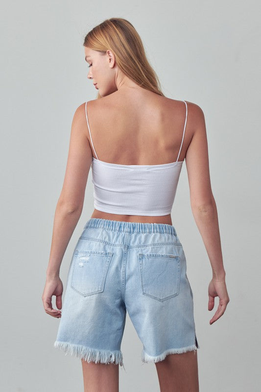 Insane Gene Mid Rise Drawstring Denim Slouch Shorts in Light Wash