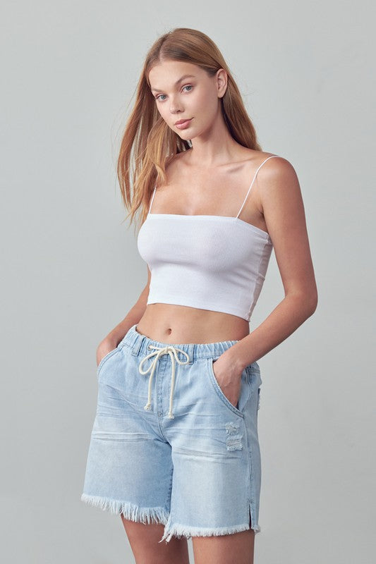 Insane Gene Mid Rise Drawstring Denim Slouch Shorts in Light Wash