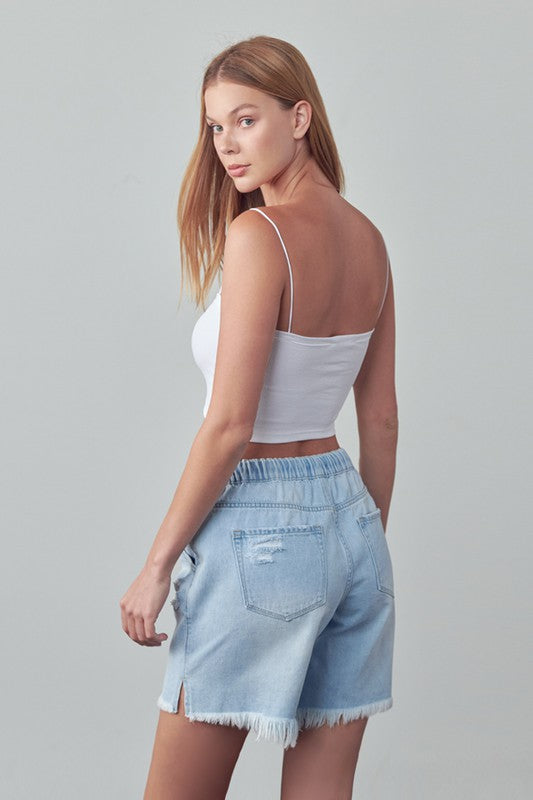 Insane Gene Mid Rise Drawstring Denim Slouch Shorts in Light Wash