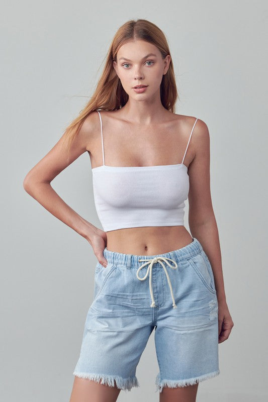 Insane Gene Mid Rise Drawstring Denim Slouch Shorts in Light Wash