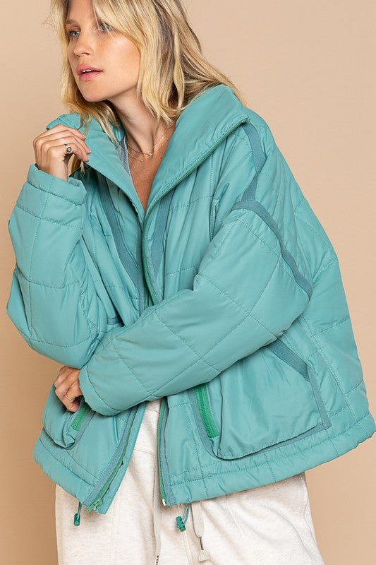 POL Clothing Quilted Zip Front Puffer Jacket with Pockets in Powder Green NWT