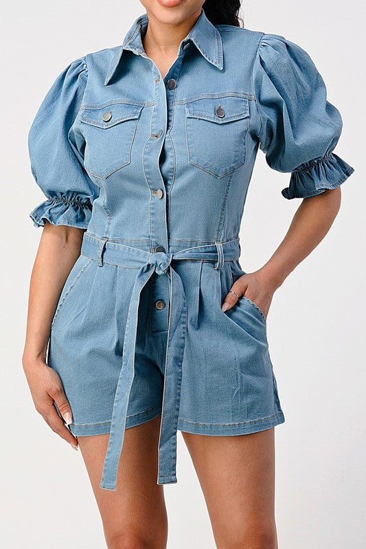 ATHINA PUFF SLEEVE DENIM BUTTON DOWN ROMPER