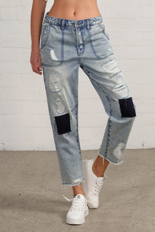 Insane Gene Raw Hem Patched Cropped Denim Jeans