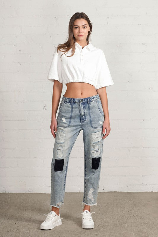 Insane Gene Raw Hem Patched Cropped Denim Jeans