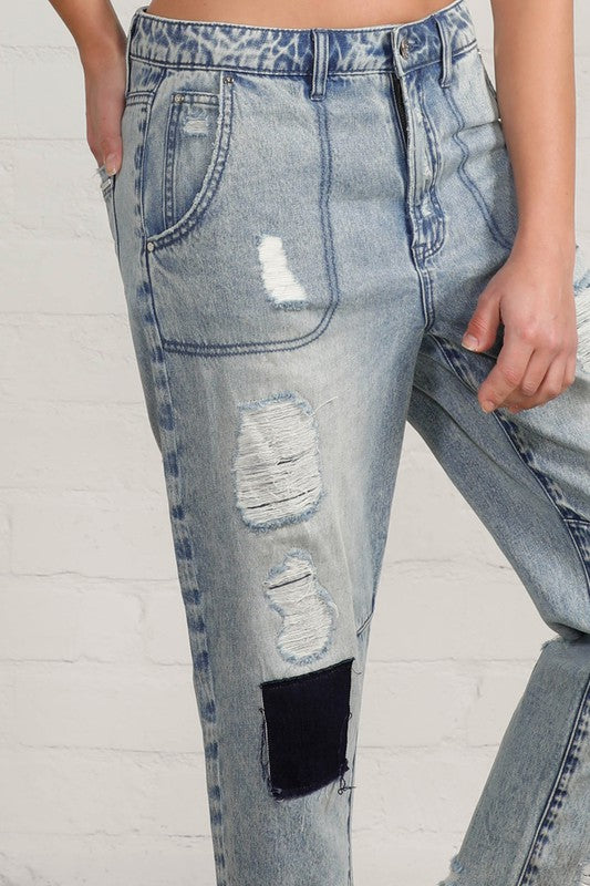 Insane Gene Raw Hem Patched Cropped Denim Jeans