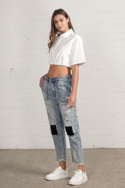 Insane Gene Raw Hem Patched Cropped Denim Jeans