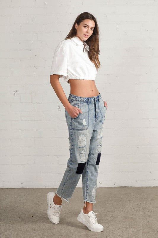 Insane Gene Raw Hem Patched Cropped Denim Jeans