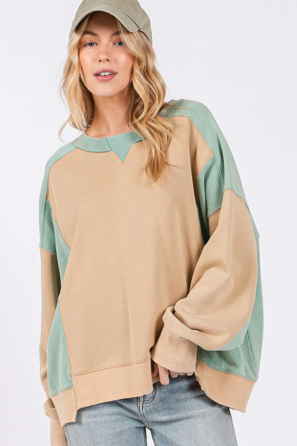 SAGE + FIG Oversized Color Block Round Neck Sweatshirt in Mint Cookie NWT