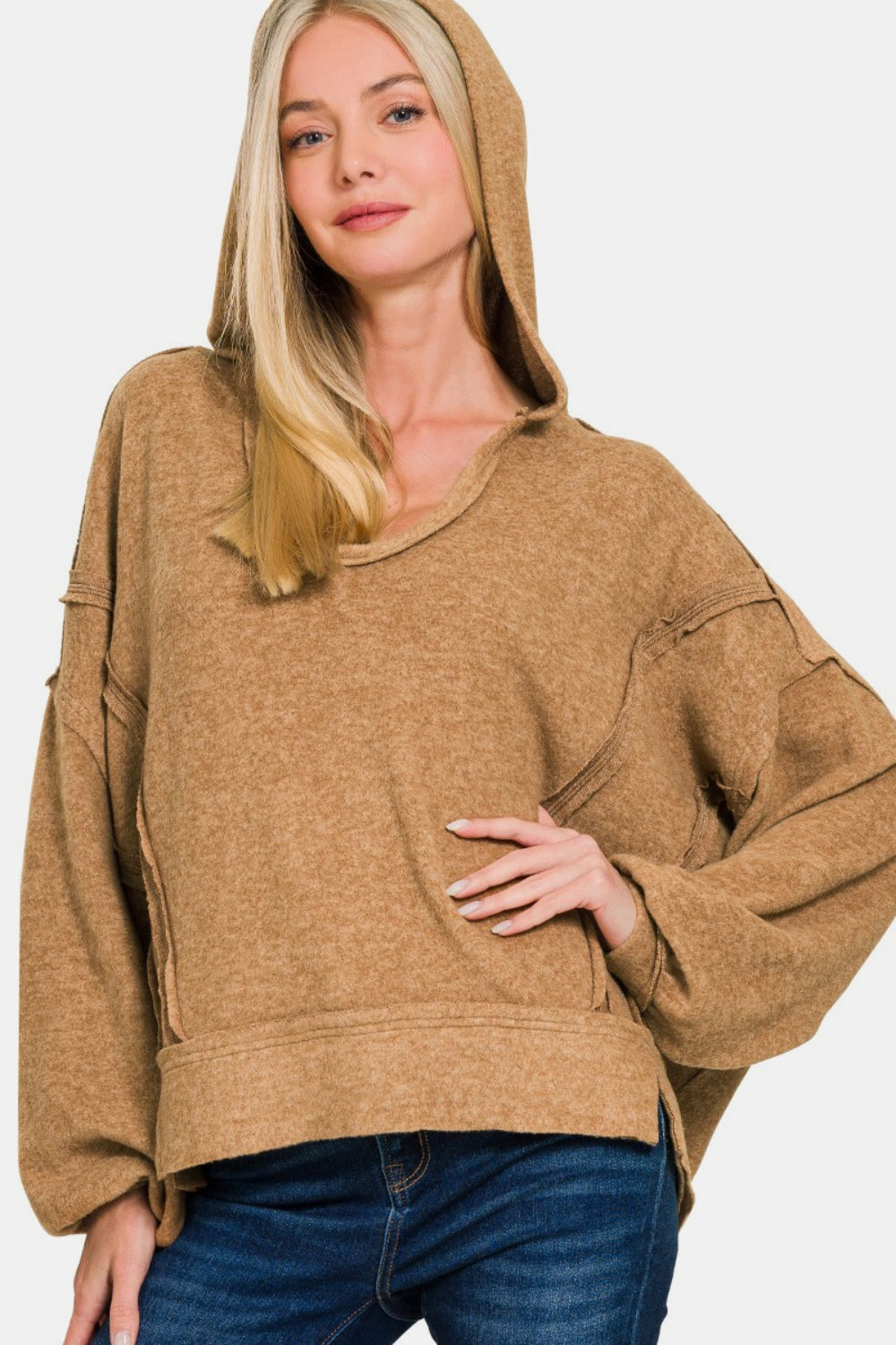 Zenana Brushed Hacci Exposed Seam Round Neck Hoodie Sweater in Deep Camel Brown NWT