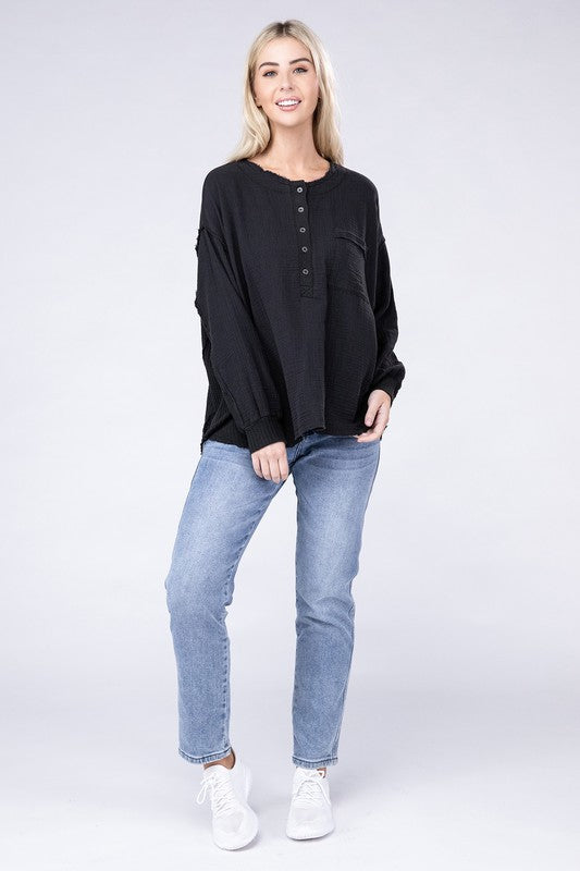 Zenana Double Cotton Gauze Oversized Raw Hem Henley Shirt in 8 Colors