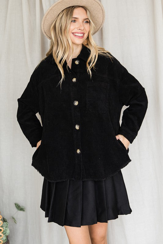 Jade By Jane Size L/XL Ribbed Velvet Button Up Shirt Jacket with Pockets in Black