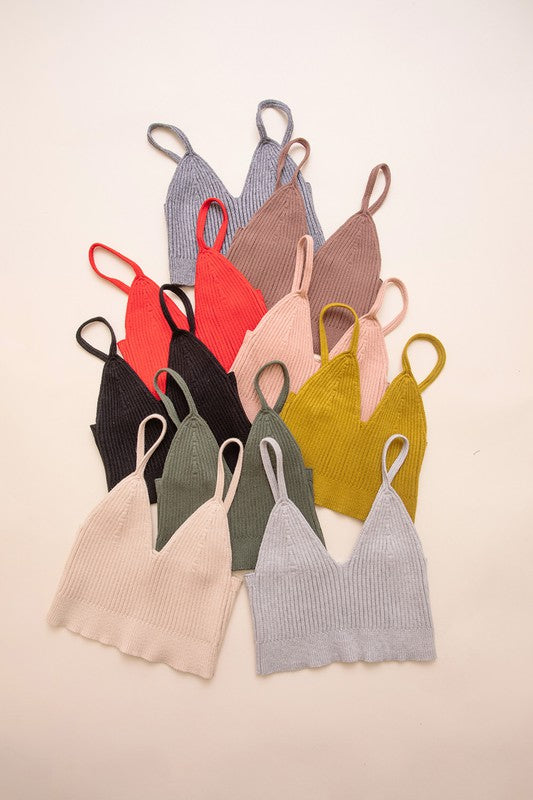 Leto Accessories Rib Knit Brami V-Neck Crop Cami Bralette in 8 Colors