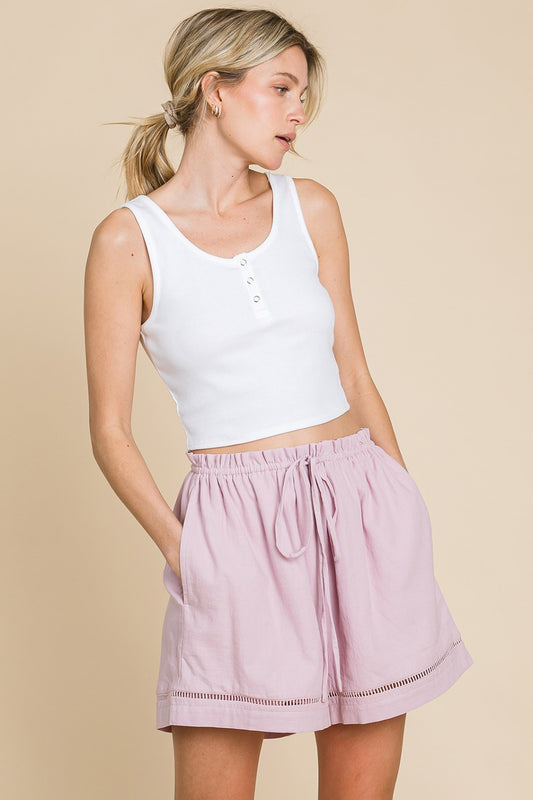 Cotton Bleu Pull-On Drawstring Shorts in Light Mauve