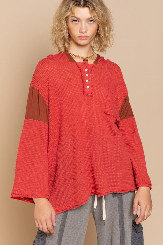 POL Oversized Hoodie Bell Sleeve Waffle-Knit Henley Tunic Top in Red or Black