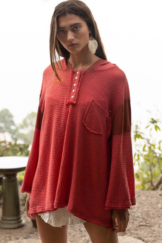 POL Oversized Hoodie Bell Sleeve Waffle-Knit Henley Tunic Top in Red or Black