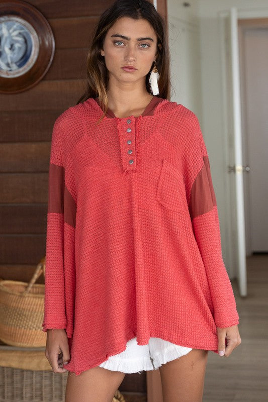 POL Oversized Hoodie Bell Sleeve Waffle-Knit Henley Tunic Top in Red or Black